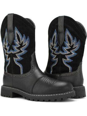 Women's Black Mid Calf Western Cowboy Cowgirl Boot Round Toe Embroidered Boots